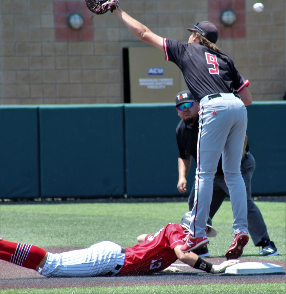 Anson's Trevor Miller is back safely at first as the ball gets by New Home first baseman Brody Emert in Game 2 of Saturday's playoff.