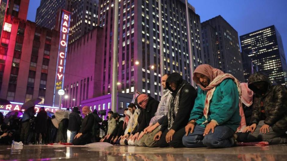 Protesters outside of Radio City Music Hall, where President Joe Biden held a star-studded fundraiser.