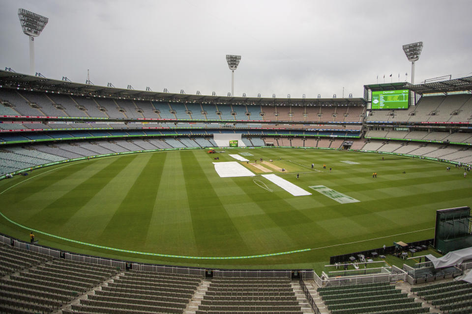 This shows the ground before the start of play on day four of the third cricket test between India and Australia in Melbourne, Australia, Saturday, Dec. 29, 2018. (AP Photo/Asanka Brendon Ratnayake)