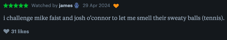 Comment challenging Mike Faist and Josh O'Connor to a whimsical, tennis-related dare, dated from April 2022