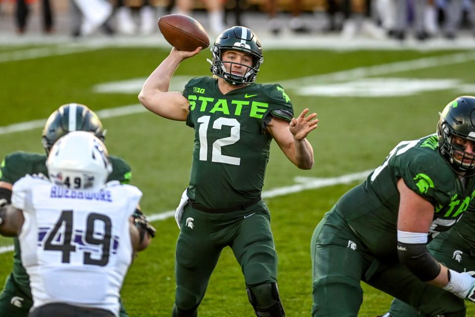 Michigan State's Rocky Lombardi throws a pass against Northwestern during the first quarter on Saturday, Nov. 28, 2020, at Spartan Stadium in East Lansing.