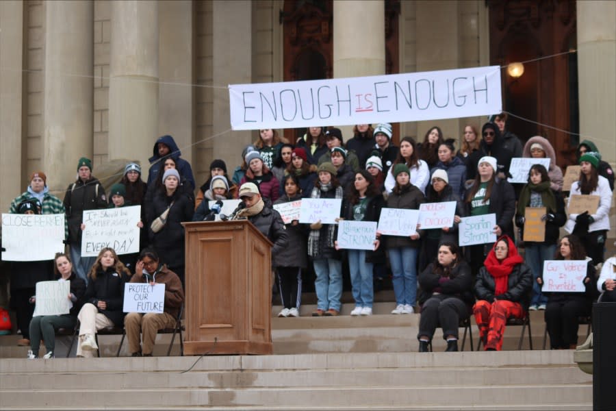 Students gather at the Michigan Capitol to protest for more gun laws. (WLNS)