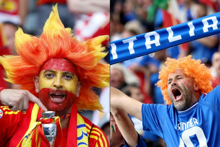 Aficionados de España e Italia durante la Eurocopa, en una composición antes de que ambas selecciones se enfrenten en Gelsenkirchen el 20 de junio (Odd ANDERSEN)