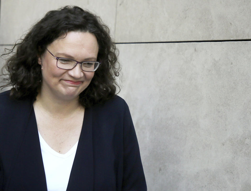 Former leader of Germany's Social Democrats Andrea Nahles leaves the SPD headuarter in Berlin, Germany, Monday, June 3, 2019. (Wolfgang Kumm/dpa via AP)