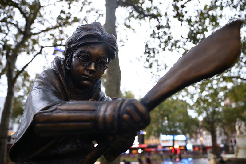 A statue of Harry Potter, based on the JK Rowling novels, is seen after it was unveiled at Leicester Square in London