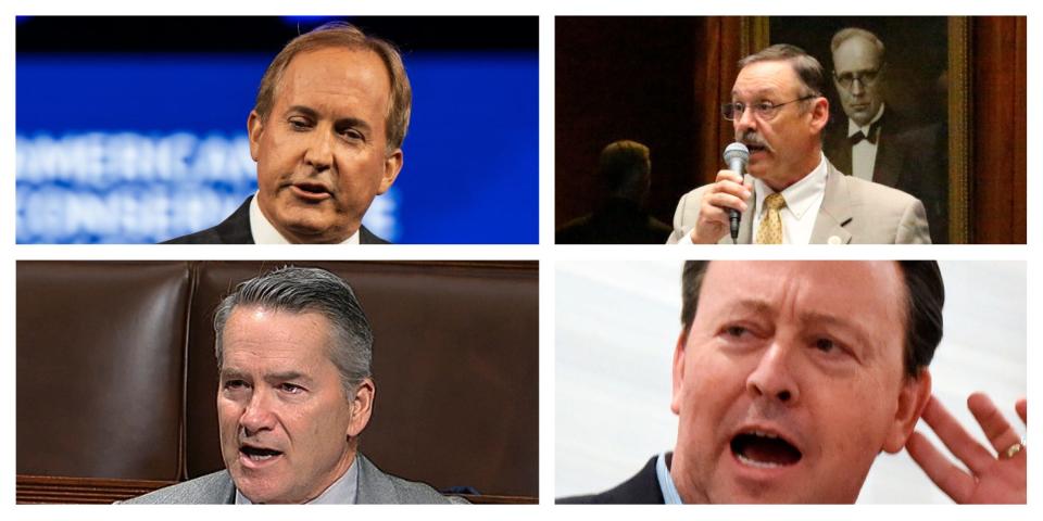 A split photo of Texas' attorney general, Ken Paxton; the Arizona state Rep. Mark Finchem; the chair of the South Carolina GOP, Drew McKissick; and US Rep. Jody Hice of Georgia.
