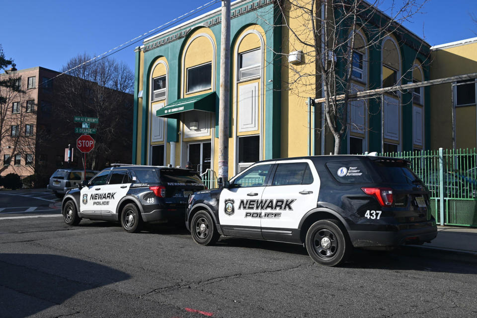 Police vehicles outside Masjid Muhammad Mosque in Newark, N.J., on Jan. 3, 2024. (Kyle Mazza / TheNEWS2 via Zuma / Alamy)