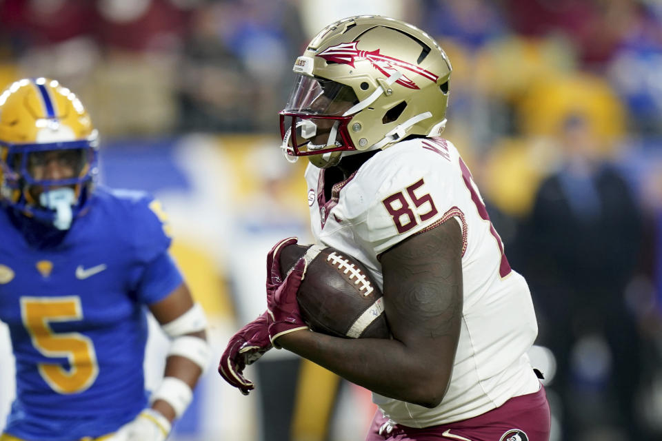 Florida state tight end Markeston Douglas (85) scores a touchdown during the second half of an NCAA college football game against Pittsburgh in Pittsburgh, Saturday, Nov. 4, 2023. (AP Photo/Matt Freed)