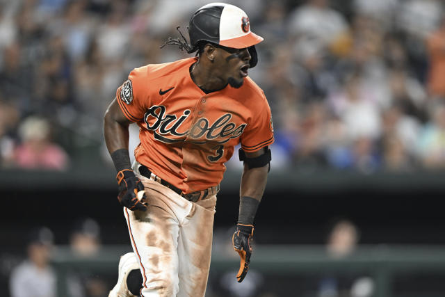 Baltimore Orioles Jorge Mateo (3) throws to first base during a