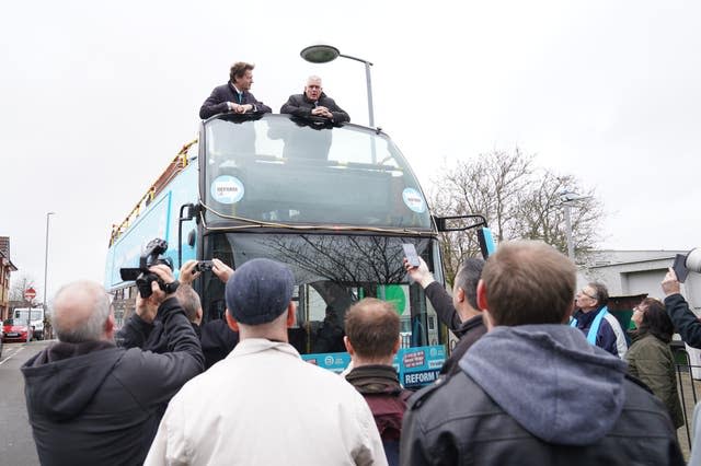 Reform UK leader Richard Tice, left, joins former Conservative deputy chairman Lee Anderson MP as they campaign for their party in his constituency of Ashfield, Nottinghamshire