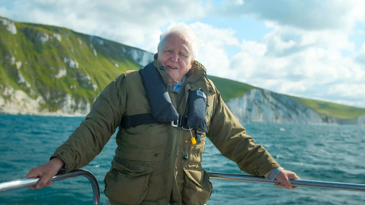 Sir David Attenborough onboard a boat while filming near White Nothe cliffs, on the Jurassic Coast, Dorset. (PA)