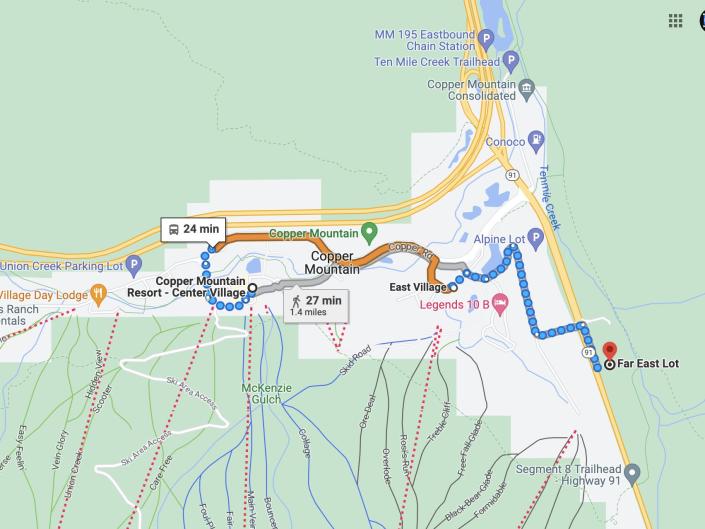 Screenshot of transportation to and from Copper Mountain and the resort parking lot.