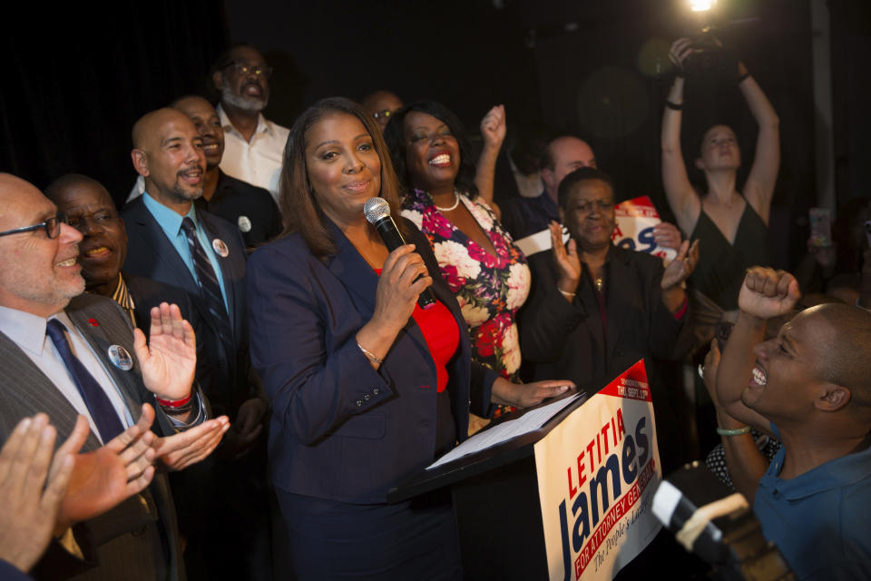 Letitia James delivers a victory speech after winning the primary election for attorney general Thursday, Sept. 13, 2018, in New York. The 59-year-old was an early favorite in the race after getting endorsements from Gov. Andrew Cuomo and other top Democrats. (AP Photo/Kevin Hagen)