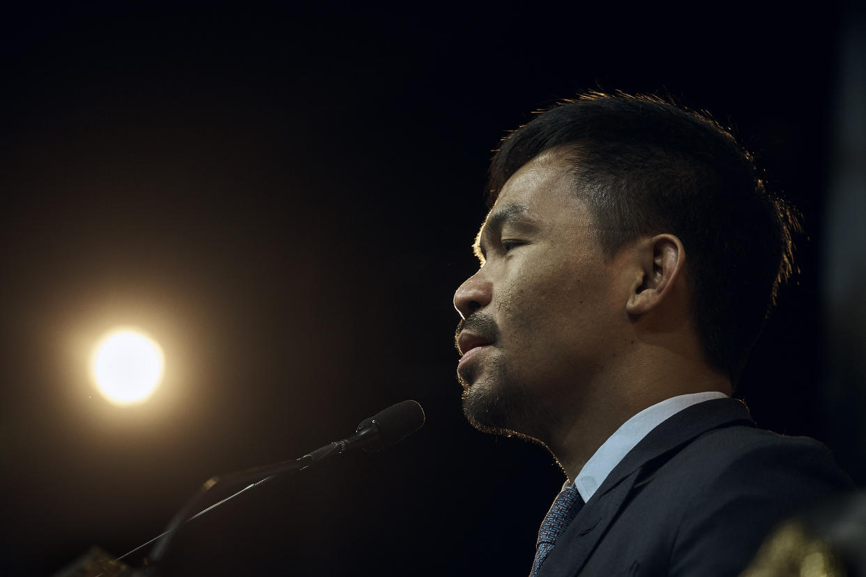 Manny Pacquiao speaks during a news conference on Tuesday, May 21, 2019, in New York. Pacquiao and Keith Thurman are scheduled to fight in a welterweight world championship boxing bout on Saturday, July 20, in Las Vegas. (AP Photo/Andres Kudacki)