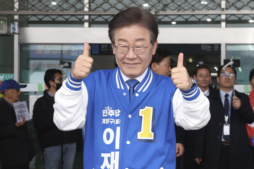 South Korea's main opposition Democratic Party leader Lee Jae-myung poses during a campaign rally for the upcoming parliamentary election in Incheon, South Korea, Thursday, March 28, 2024. As South Koreans prepare to vote for a new 300-member parliament next week, many are choosing their livelihoods and other domestic topics as their most important election issues. (Shin Joon-hee/Yonhap via AP)