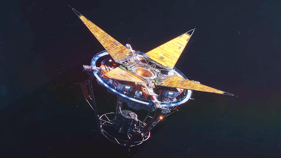 A satellite in space with sensors open in Starfield