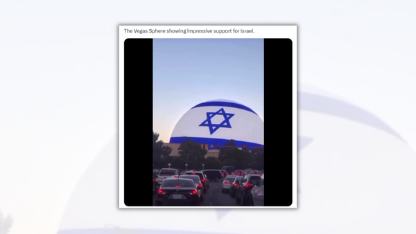 An X post says, "The Vegas Sphere showing impressive support for Israel." Below the post is an image that shows the flag of Israeli on a large sphere, with many cars in traffic below it.