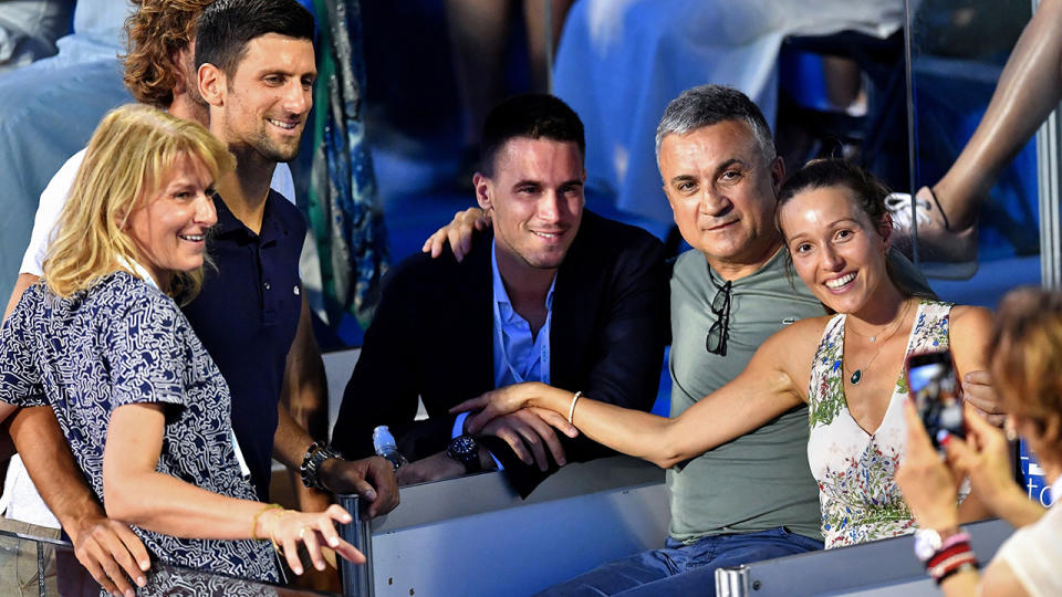 Novak Djokovic, pictured here with mother Dijana, brother Djordje, father Srdjan and wife Jelena.