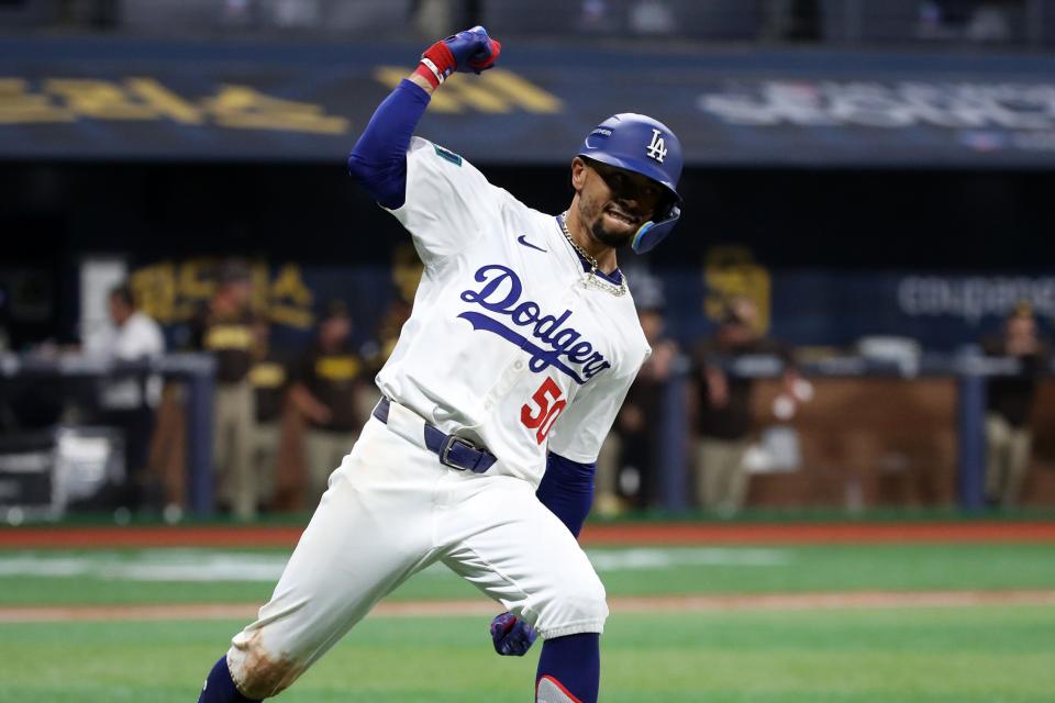 March 21: Dodgers' Mookie Betts slugs a two-run bomb in the fifth inning for the first homer of the 2024 season.