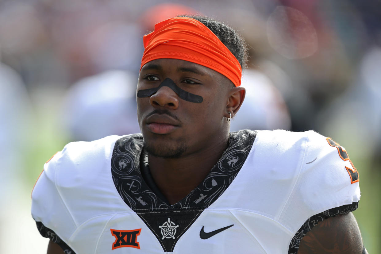 MANHATTAN, KS - OCTOBER 13: Oklahoma State Cowboys cornerback Kemah Siverand (5) after a Big 12 football game between the Oklahoma State Cowboys and Kansas State Wildcats on October 13, 2018 at Bill Snyder Family Stadium in Manhattan, KS.  Kansas State won 31-12. (Photo by Scott Winters/Icon Sportswire via Getty Images)