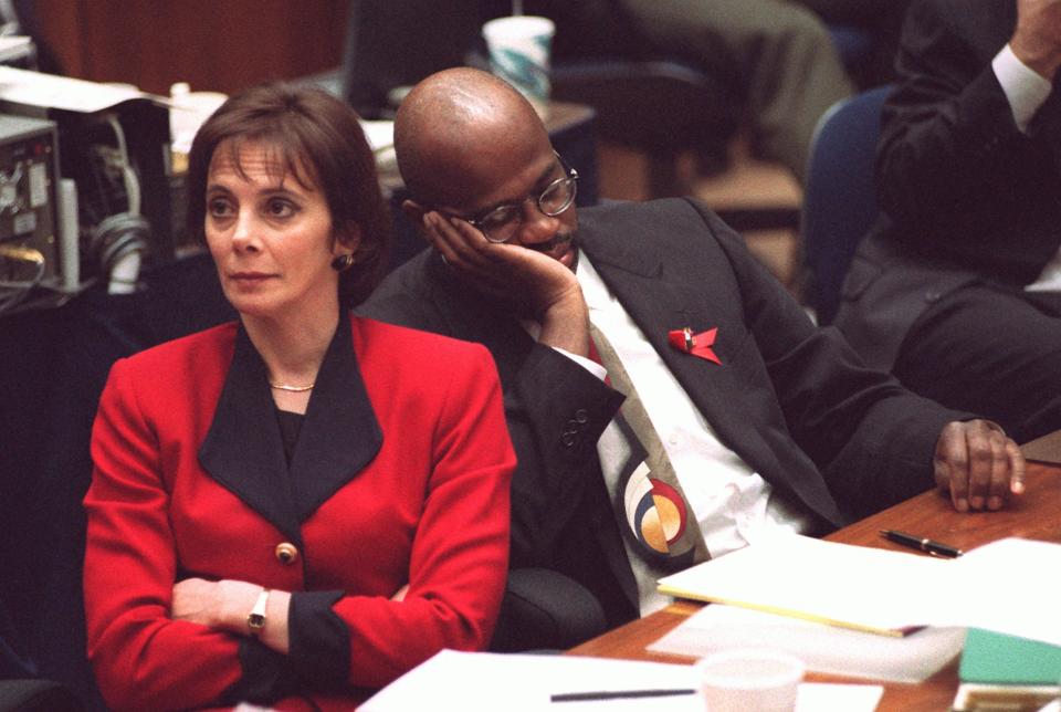 <p>While O.J. Simpson had his “dream team” of attorneys, the prosecutors quickly became household names, too, thanks to the daily televised coverage. The team was led by Marcia Clark and Christopher Darden. (Photo: Vince Bucci/AP) </p>