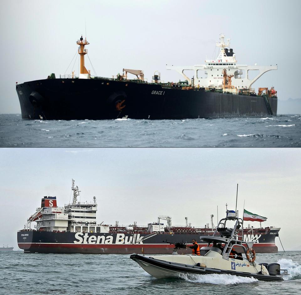 This combination of files pictures shows the supertanker Grace 1 (up) after being seized off the coast of Gibraltar on July 6, 2019, and the Iranian Revolutionary Guards patrolling around the impounded British-flagged tanker Stena Impero as it's anchored off the Iranian port city of Bandar Abbas (down) on July 21, 2019.