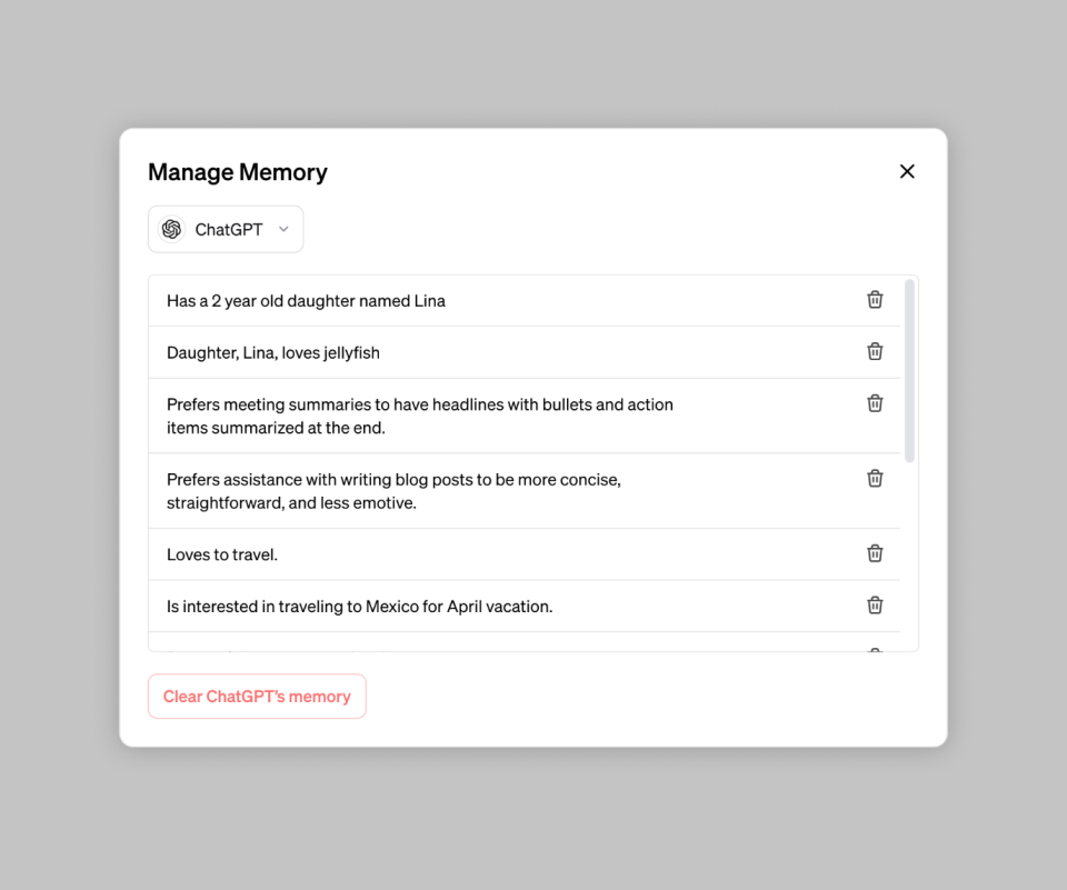 A tab showing the memory feature.
