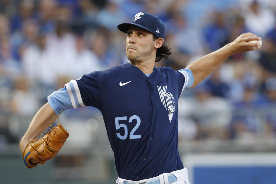 Kansas City Royals pitcher Daniel Lynch delivers to a Los Los Angeles Dodgers batter during the first inning of a baseball game in Kansas City, Mo., Friday, Aug. 12, 2022. (AP Photo/Colin E. Braley)