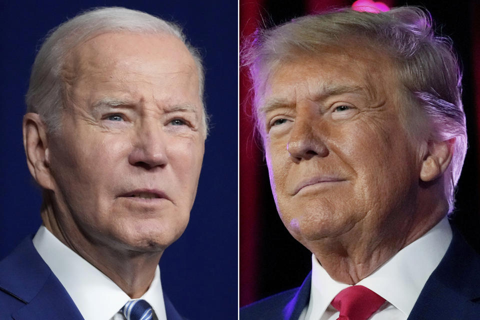 FILE - In this combination of photos, President Joe Biden speaks on Aug. 10, 2023, in Salt Lake City, from left, former President Donald Trump speaks on July 8, 2023, in Las Vegas. (AP Photo, File)