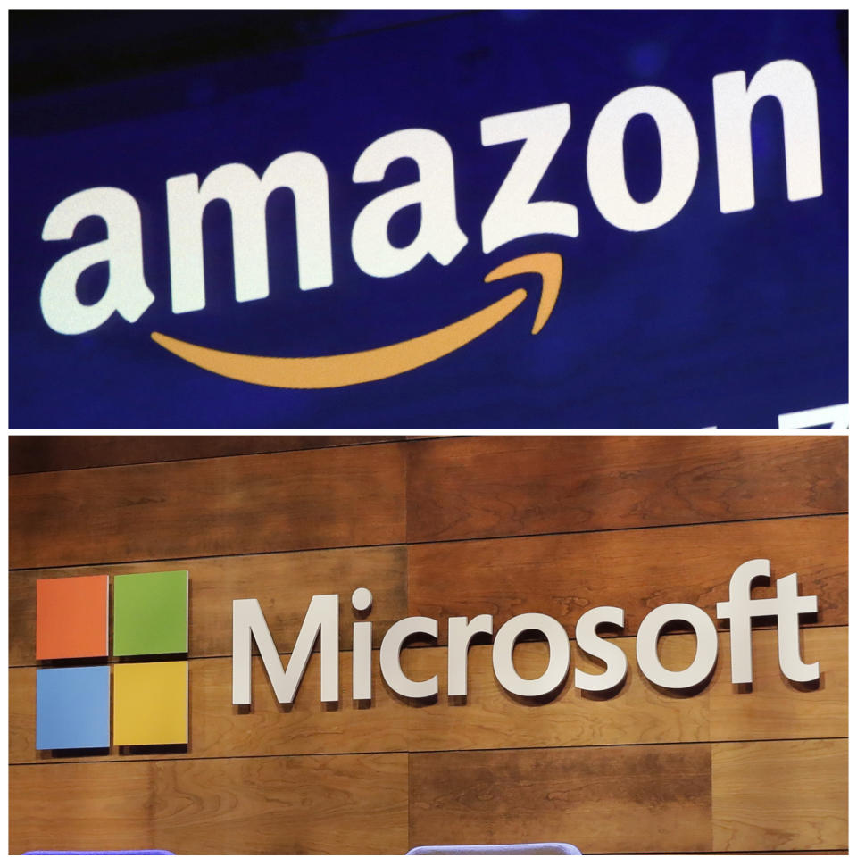 FILE - This combination of file photos shows the logos for Amazon, top, and Microsoft. . Amazon is protesting the Pentagon’s decision to award a huge cloud-computing contract to Microsoft, citing “unmistakable bias” in the decision. Amazon’s competitive bid for the “war cloud” drew criticism from President Donald Trump and its business rivals. (AP Photo/Richard Drew and Ted S. Warren, File)