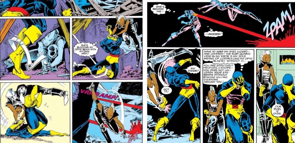 Cyclops duels Storm over the right to lead the X-Men in Uncanny X-Men #201, art by Michael Golden.