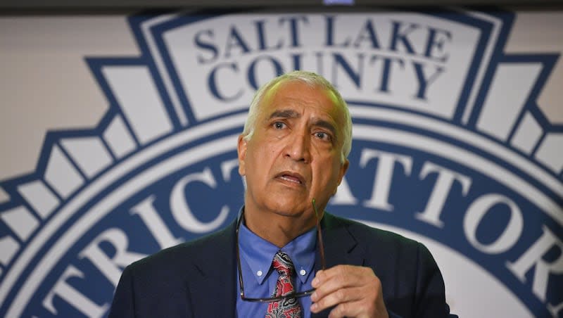Salt Lake County District Attorney Sim Gill presents findings on a Officer Involved Critical Incident (OICI) that resulted in the shooting and eventual death of Penisimani Halai at a press conference at his office in Salt Lake City on Wednesday, March 27, 2024.