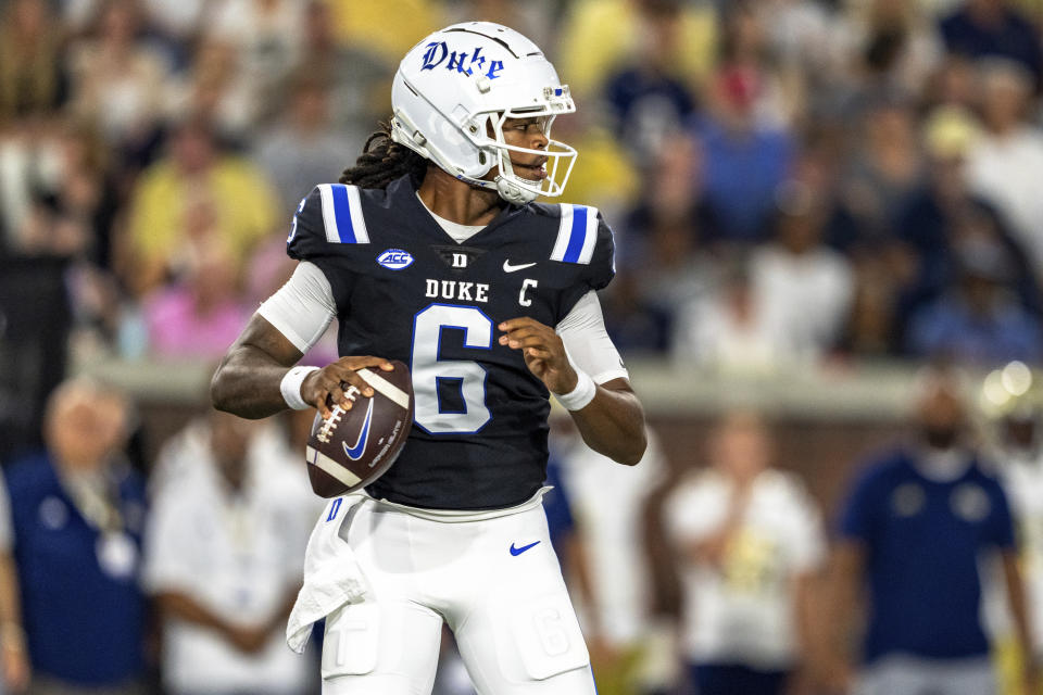 Duke quarterback Maalik Murphy (6) drops back to pass in the first quarter of a football game against the Georgia Tech, during an NCAA college football game, Saturday, Oct. 5, 2024, in Atlanta. (AP Photo/Jason Allen)