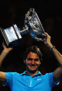 <p>Federer picks up one of his six Australian Open titles in 2010 after beating Andy Murray. </p>