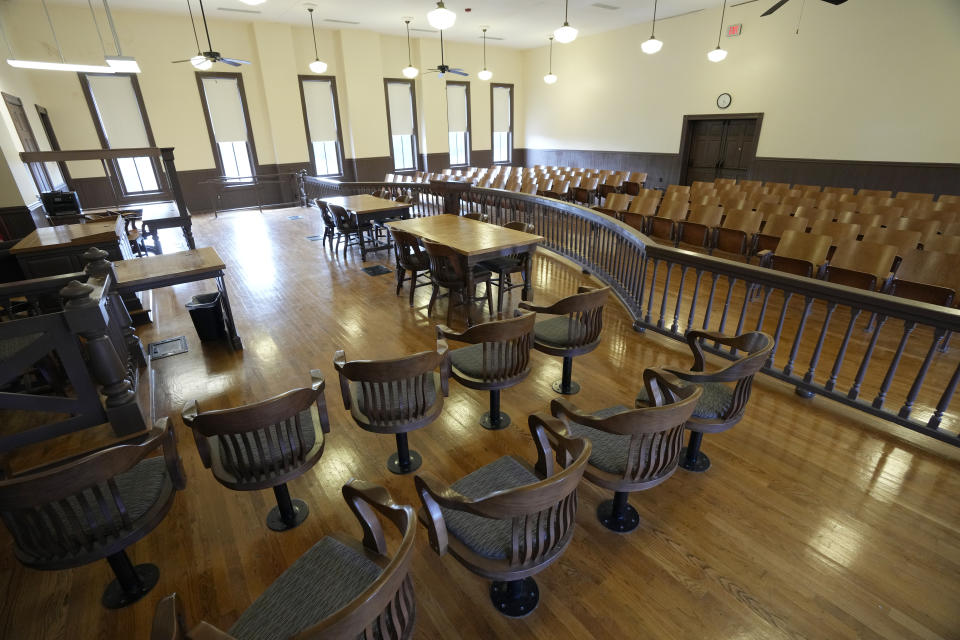 The courtroom, much of which has been restored, where the Emmett Till murder trial was held in the Tallahatchie County Second District Courthouse, is photographed Monday, July 24, 2023, in Sumner, Miss. President Joe Biden is expected to sign a proclamation on Tuesday, July 25, that establishes a national monument honoring Till, the Black teenager from Chicago whose abduction, torture and killing in Mississippi in 1955 helped propel the civil rights movement. The courthouse will be one of the Mississippi sites. (AP Photo/Rogelio V. Solis)