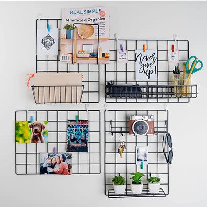 These grid noticeboards with built-in baskets