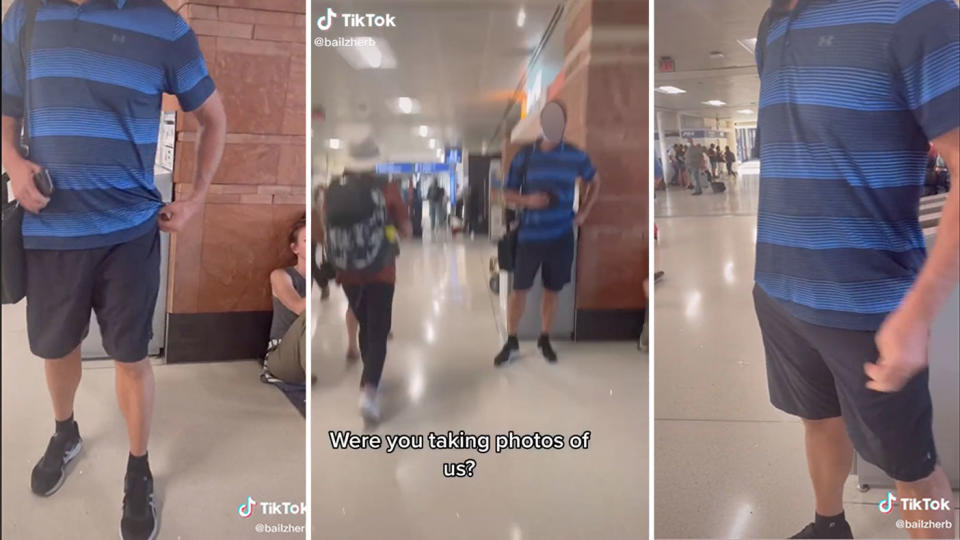 Two women confronted a man who was seen taking photos of them at the airport. Source: TikTok/bailzherb