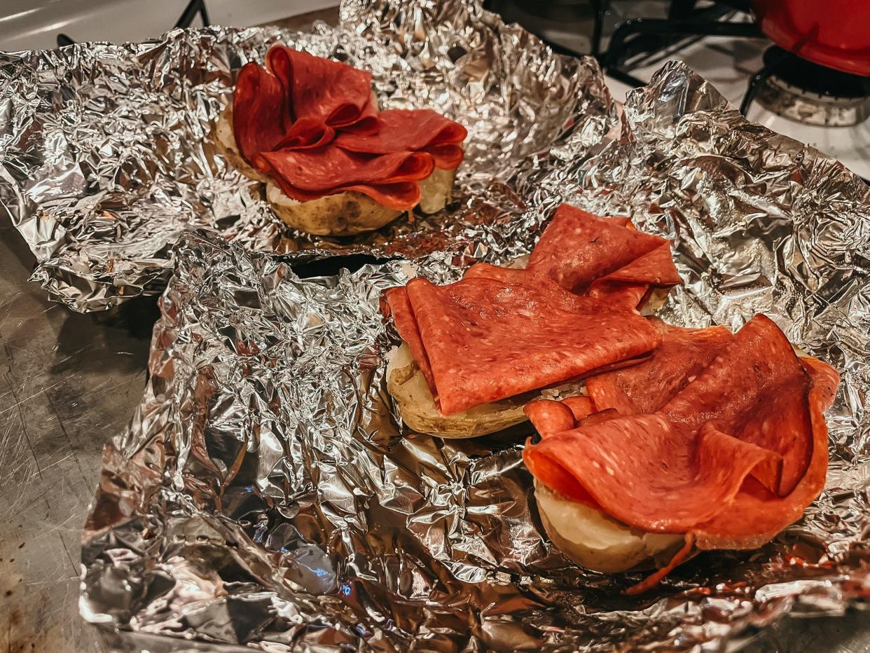 pastrami on baked potatoes