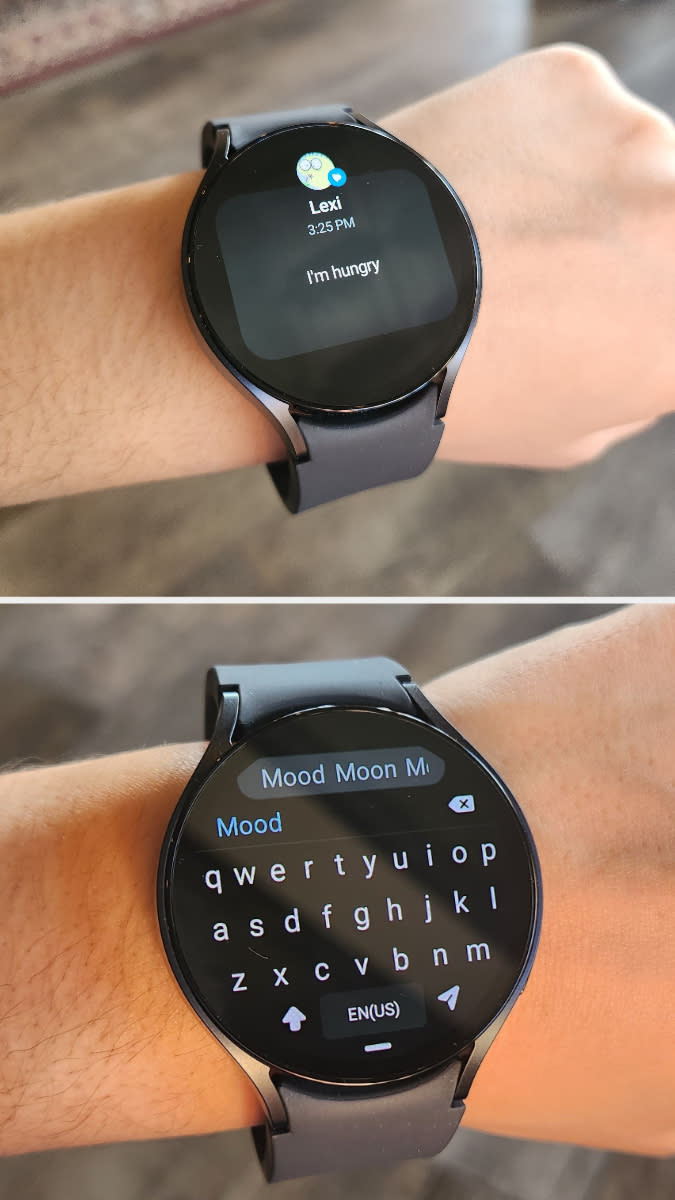 Watch6 displaying a text message and response typed using the watch's keyboard