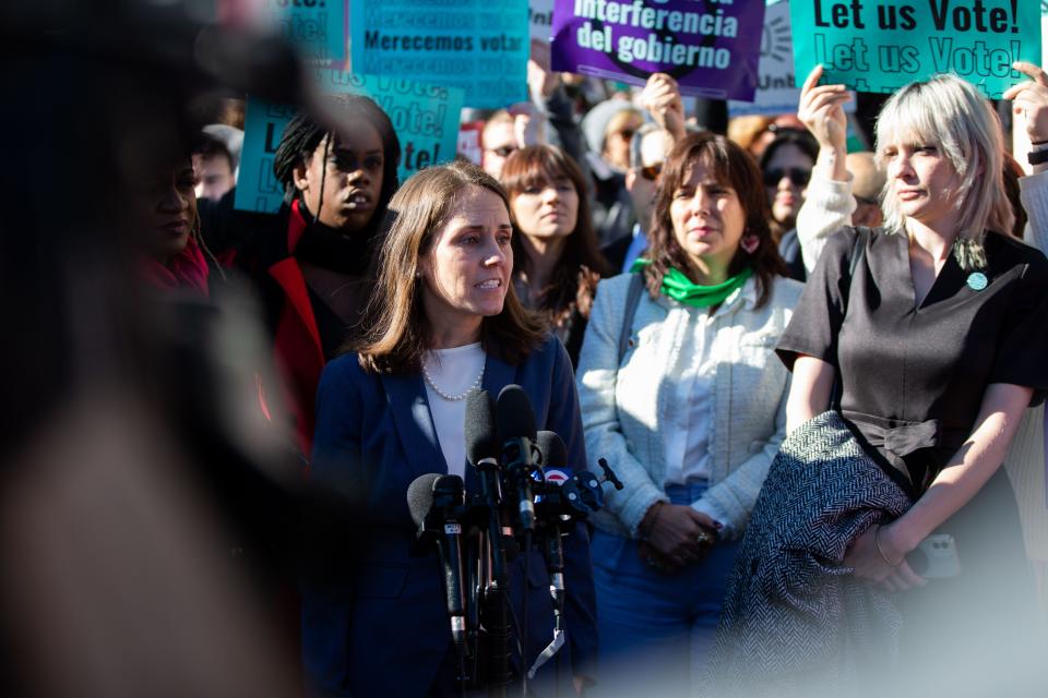 Courtney Brewer, a lawyer for the organization backing the proposed abortion amendment, speaks to the media after a hearing held in the Florida Supreme Court on Wednesday, Feb. 7, 2024.