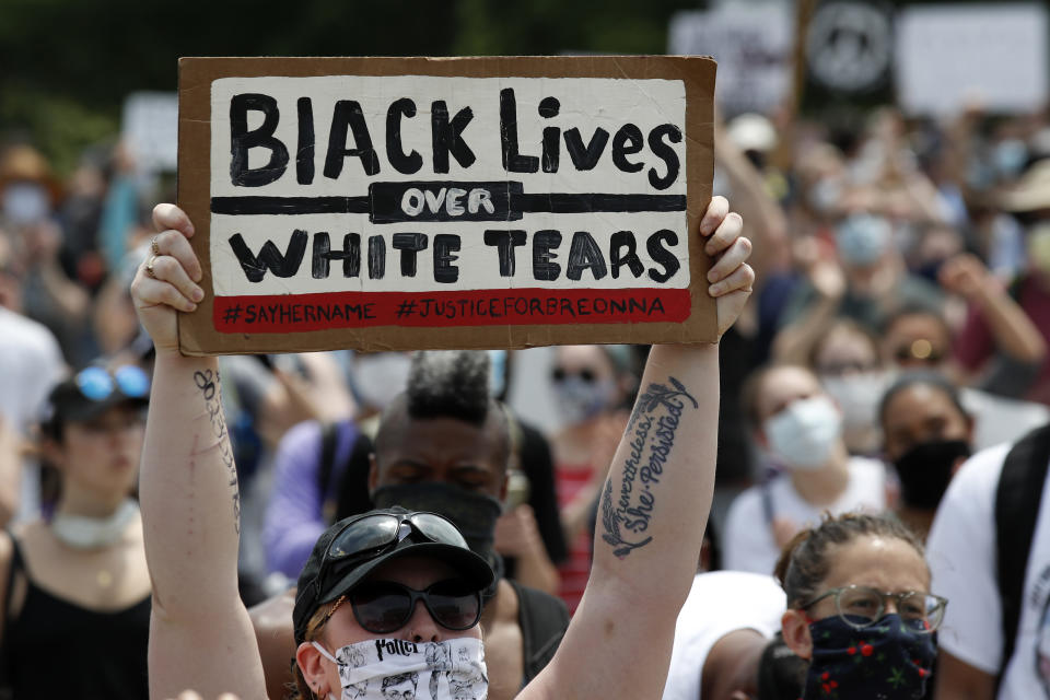 FILE - In this June 6, 2020, file photo, demonstrators protest Saturday, June 6, 2020, at the Lincoln Memorial in Washington, over the death of George Floyd, a black man who was in police custody in Minneapolis. It’s rare for public opinion on social issues to change sharply and swiftly. And yet in the wake of Floyd’s death, polling shows dramatic movement in Americans’ opinions on police brutality and racial injustice.. (AP Photo/Alex Brandon, File)