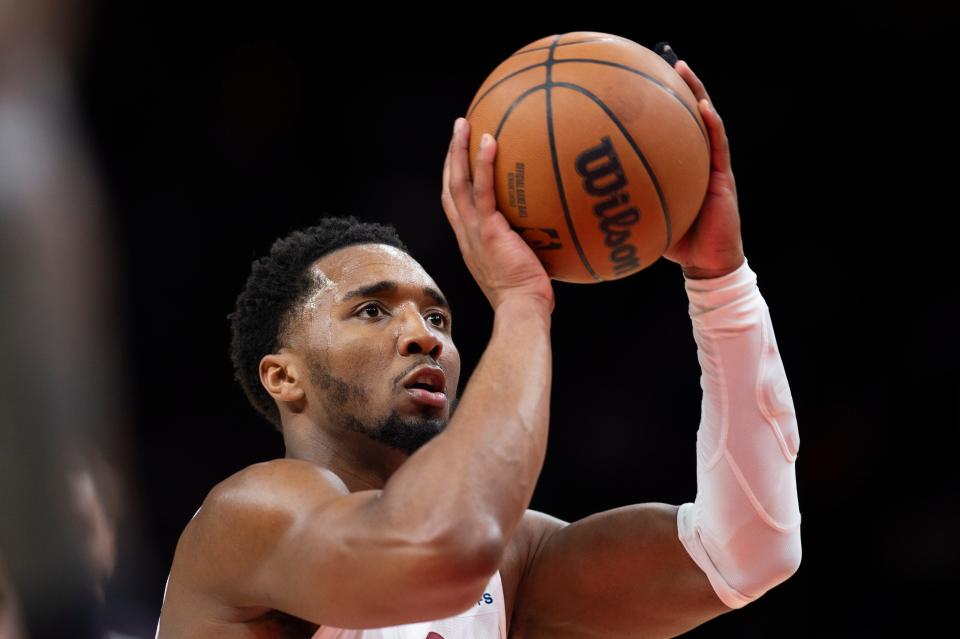 Cleveland Cavaliers guard Donovan Mitchell shoots a free throw during the second half against the Atlanta Hawks on March 28. (AP Photo/Hakim Wright Sr.)