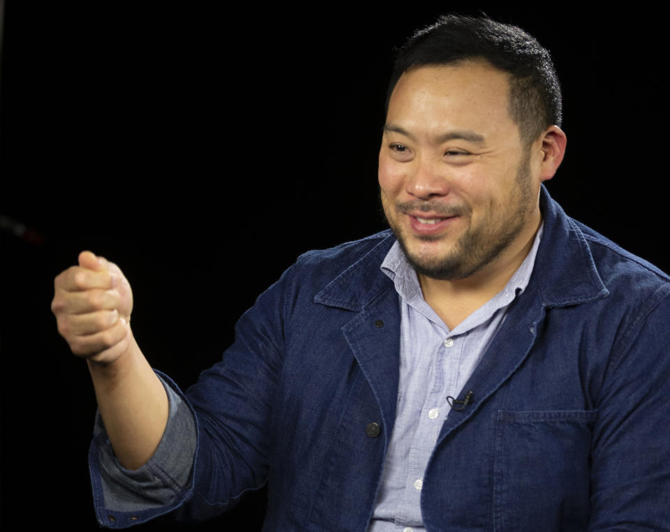 This Oct. 23, 2019 photo shows celebrity chef David Chang during an interview in Los Angeles to promote his Netflix series “Breakfast, Lunch & Dinner”. (AP Photo/Damian Dovarganes)