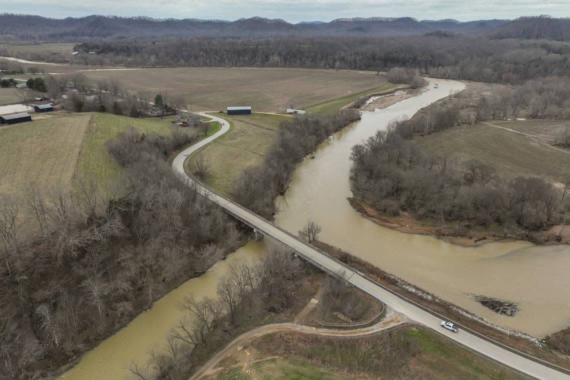 Heavy rain caused high water levels in the Rolling Fork River in Marion County, Ky., on Friday, Feb. 17, 2023.