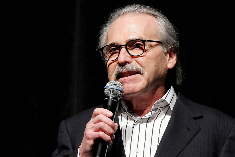 FILE - David Pecker, Chairman and CEO of American Media, addresses those attending the Shape & Men's Fitness Super Bowl Party in New York, on Jan. 31, 2014. (Marion Curtis via AP, File)