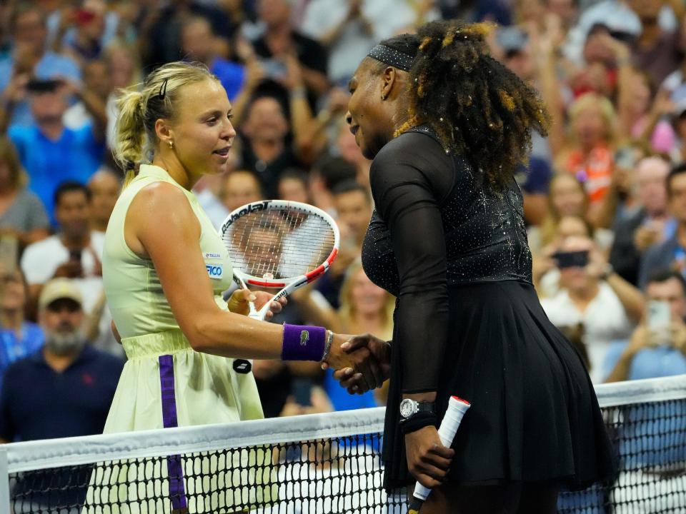 Anett Kontaveit (left) shakes hands with Serena Williams following their second-round match at the 2022 US Open.