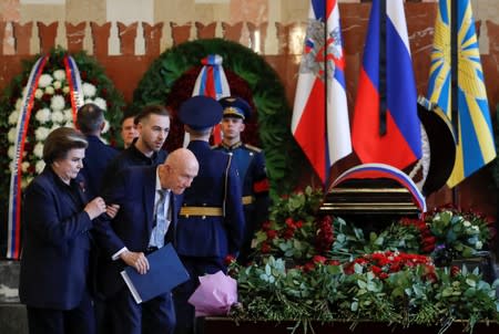 Russian cosmonaut Tereshkova and former Apollo spacecraft commander Stafford attend a mourning ceremony and a funeral for Alexei Leonov, the first man to conduct a space walk in 1965, in Mytishchi, outside Moscow