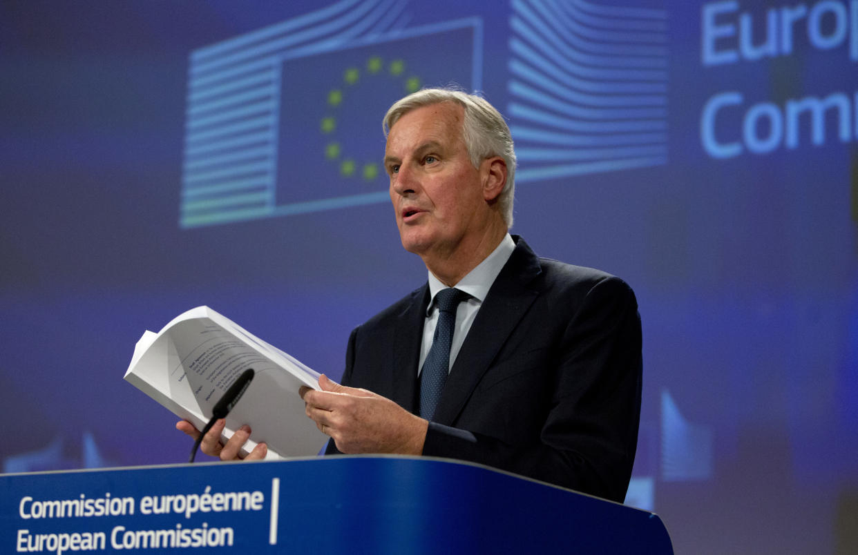 Michel Barnier during a media conference in Brussels on Wednesday night. (AP Photo/Virginia Mayo)