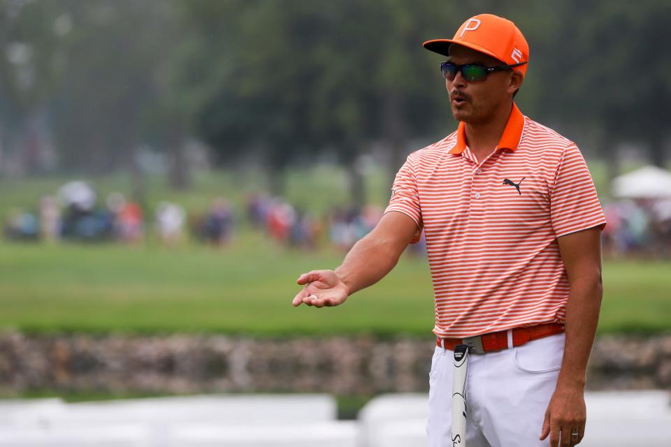 Ricky Fowler gets frustrated after missing a putt on hole 14 during the fourth round of the Rocket Mortgage Classic at Detroit Golf Club on Sunday, July 2, 2023. 