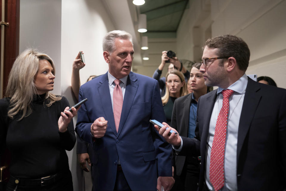 House Republican Leader Kevin McCarthy, R-Calif., arrives for a closed-door meeting with the GOP Conference ahead as he pursues the speaker of the House role when the 118th Congress convenes, at the Capitol in Washington, Tuesday, Jan. 3, 2023. (AP Photo/J. Scott Applewhite)